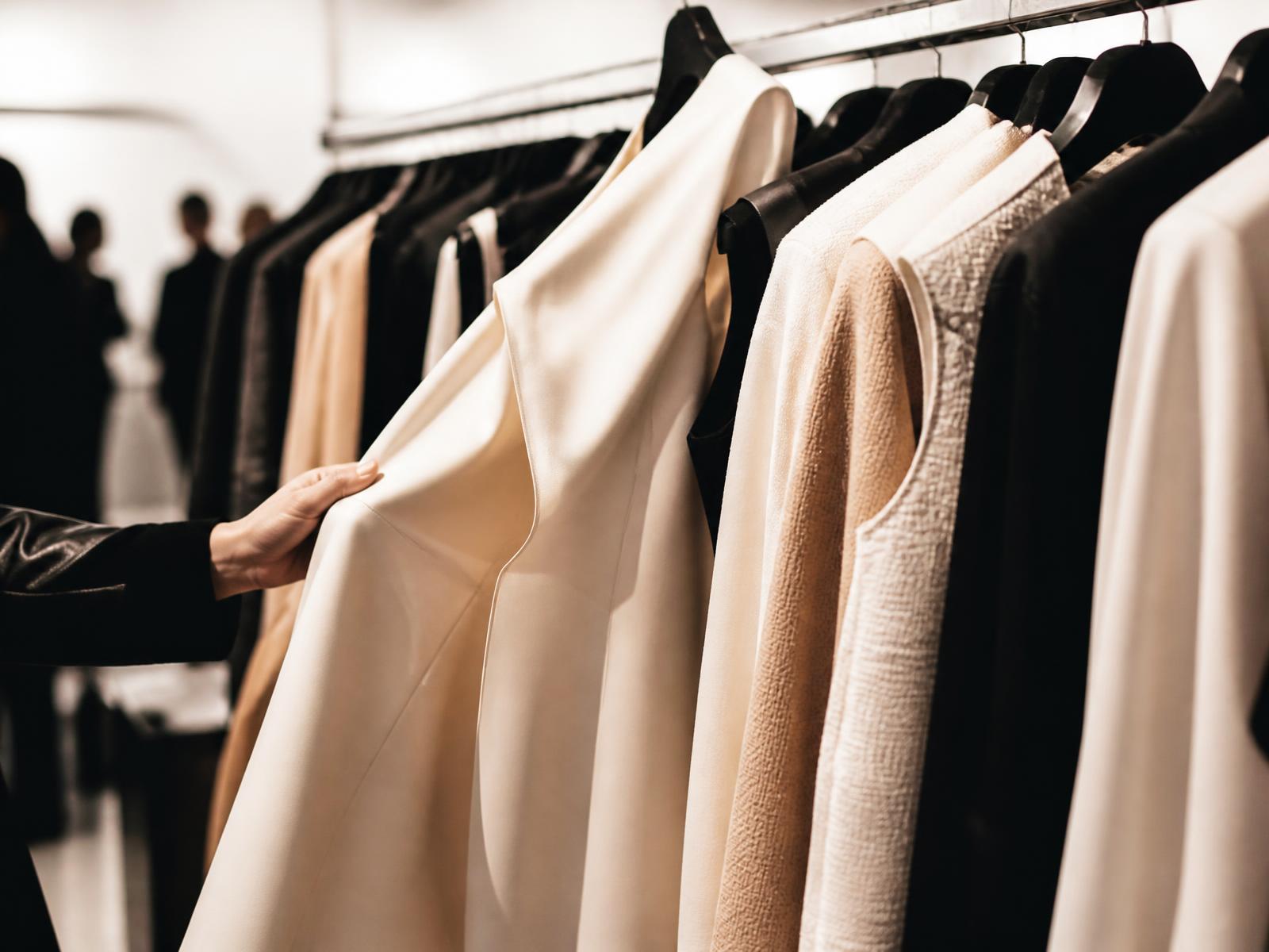 A buyer pulling a sample garment from a showroom rack